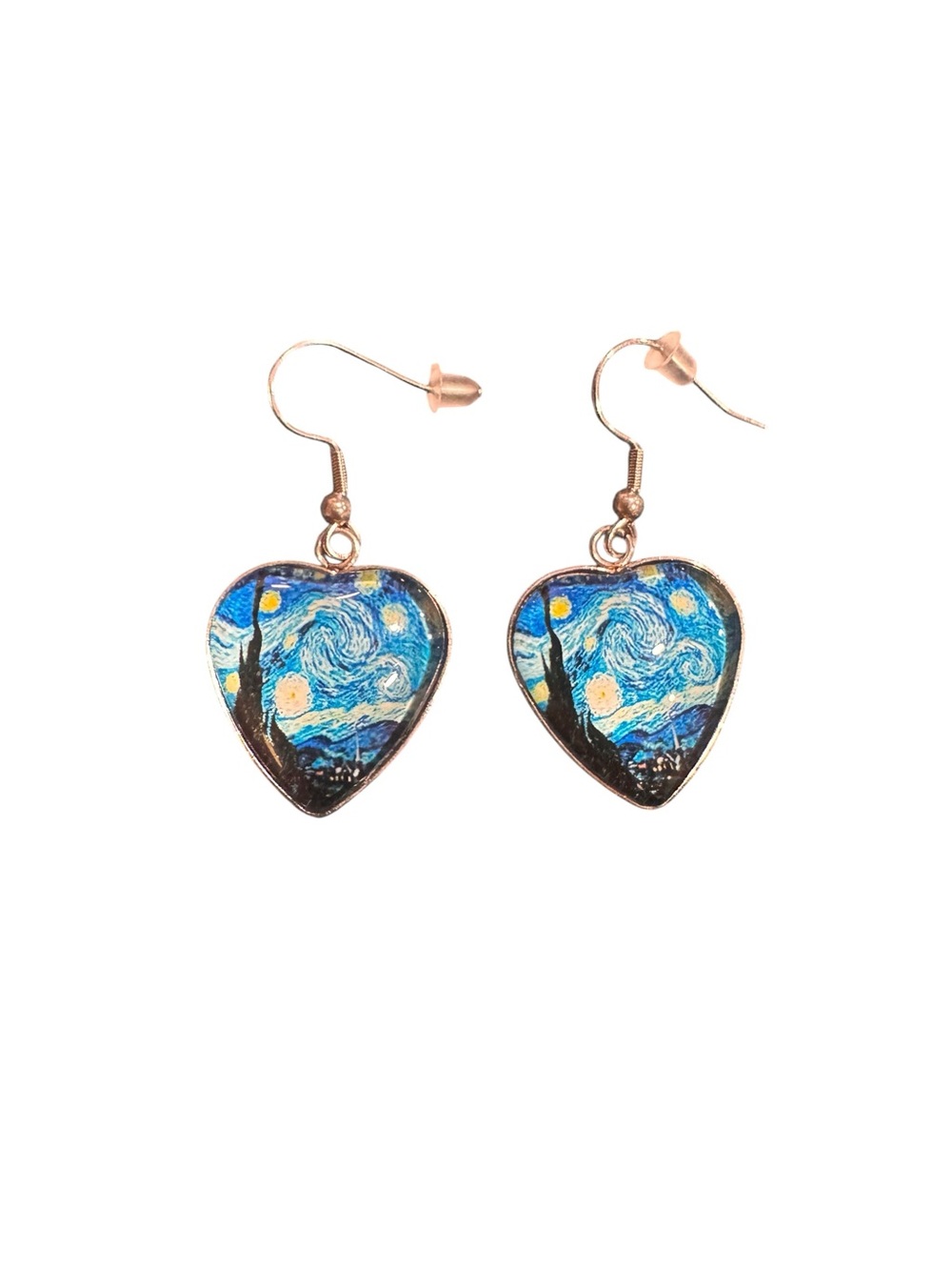Hand-Painted Starry Night Heart Drop Earrings - Blue